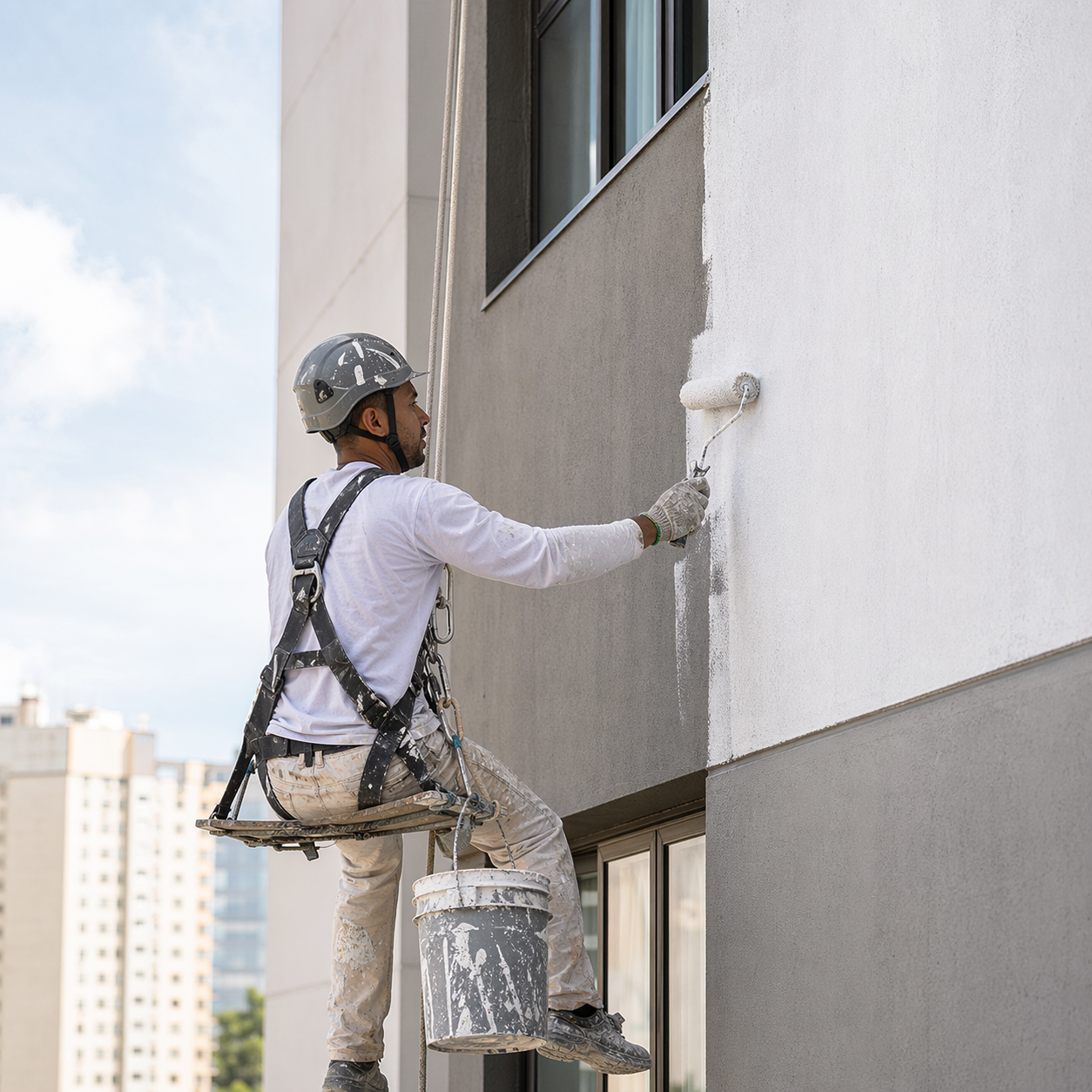 Profissional realizando pintura predial em fachada